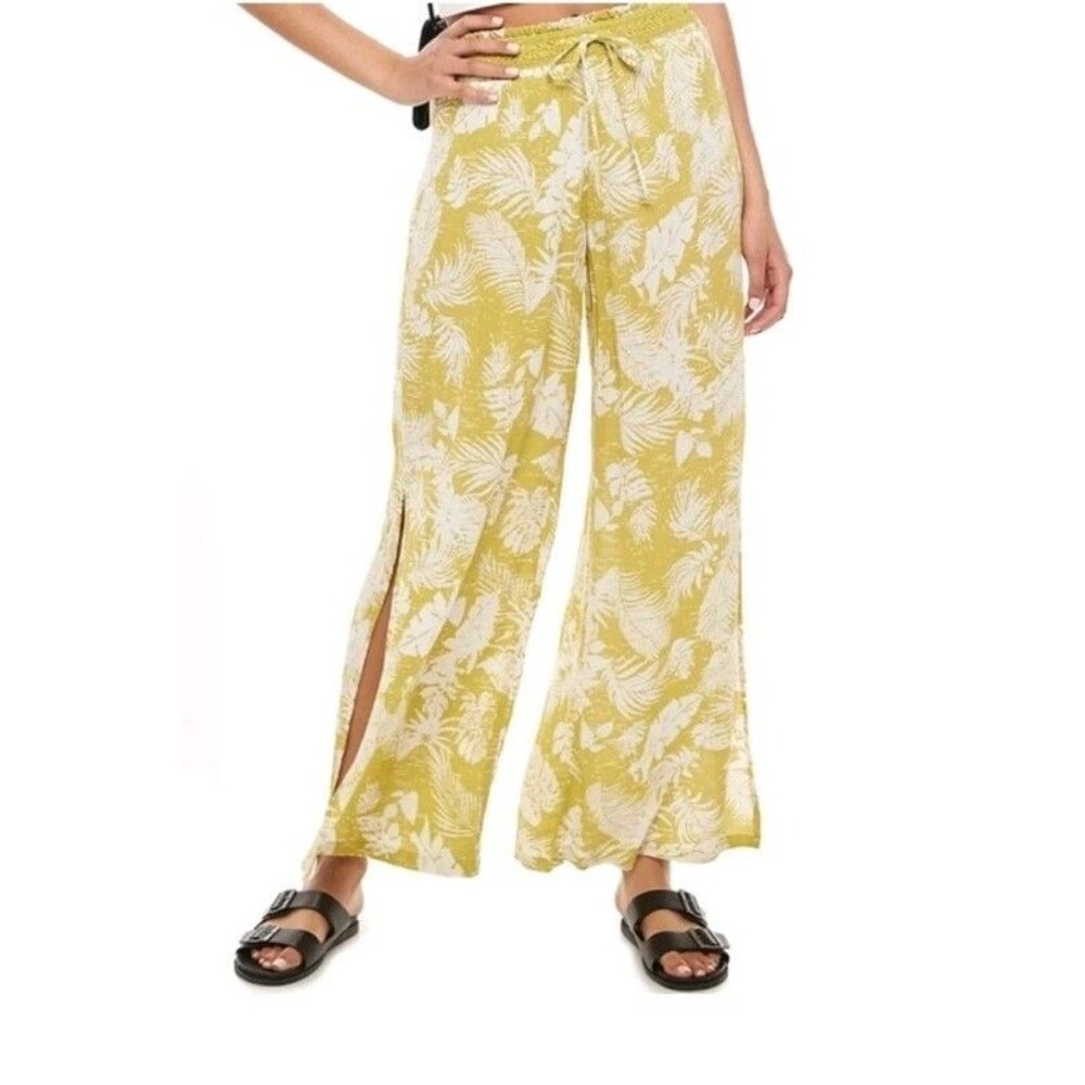 Mudd Gauze Wide Leg Paradise Pants, celery green Junior's XL Slit Palm Leaf AOP